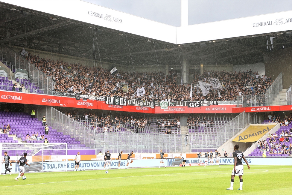 Austria Wien - Sturm Graz
Oesterreichische Fussball Bundesliga, 1. Runde, FK Austria Wien - SK Sturm Graz, Franz-Horr-Stadion Wien, 30.07.2023. 

Foto zeigt Fans von Sturm
