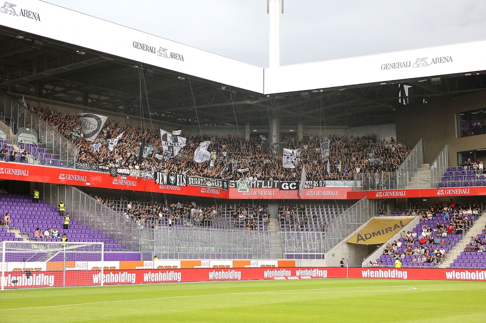 Austria Wien - Sturm Graz
Oesterreichische Fussball Bundesliga, 1. Runde, FK Austria Wien - SK Sturm Graz, Franz-Horr-Stadion Wien, 30.07.2023. 

Foto zeigt Fans von Sturm
