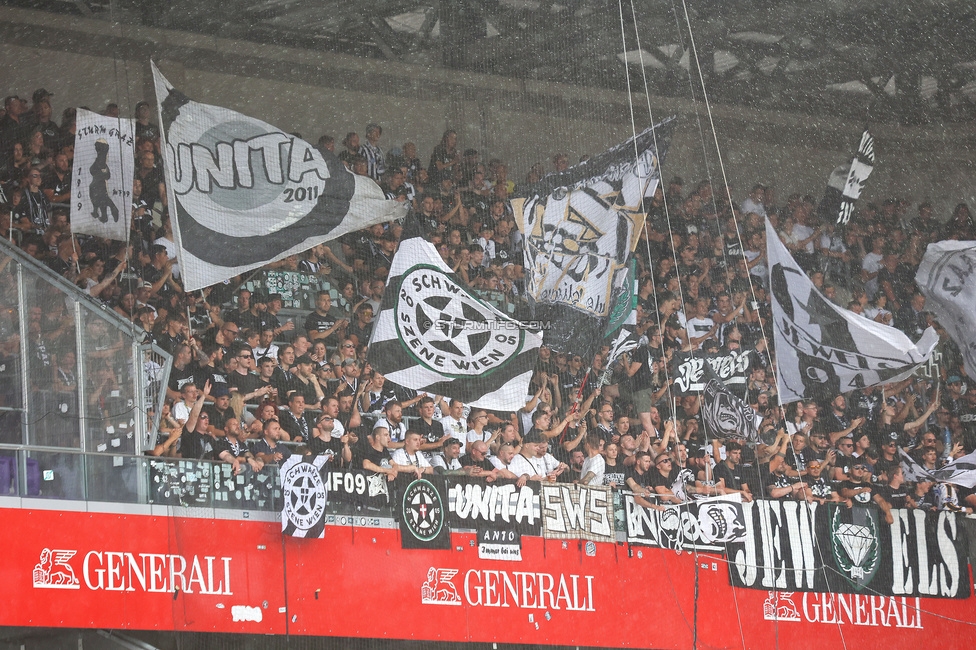 Austria Wien - Sturm Graz
Oesterreichische Fussball Bundesliga, 1. Runde, FK Austria Wien - SK Sturm Graz, Franz-Horr-Stadion Wien, 30.07.2023. 

Foto zeigt Fans von Sturm
