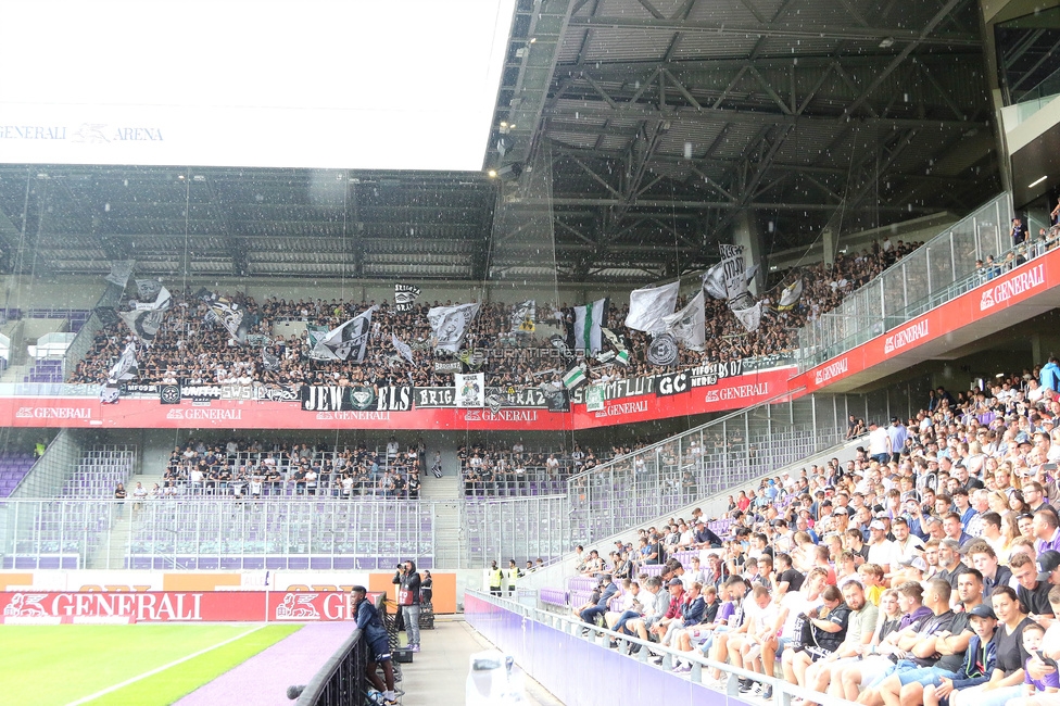 Austria Wien - Sturm Graz
Oesterreichische Fussball Bundesliga, 1. Runde, FK Austria Wien - SK Sturm Graz, Franz-Horr-Stadion Wien, 30.07.2023. 

Foto zeigt Fans von Sturm
