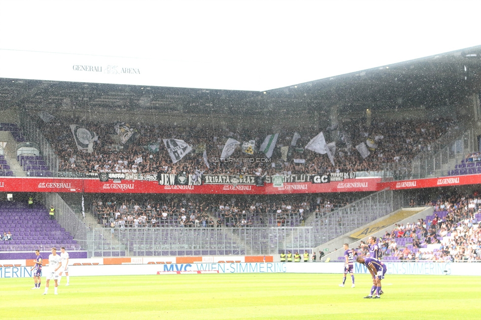 Austria Wien - Sturm Graz
Oesterreichische Fussball Bundesliga, 1. Runde, FK Austria Wien - SK Sturm Graz, Franz-Horr-Stadion Wien, 30.07.2023. 

Foto zeigt Fans von Sturm
