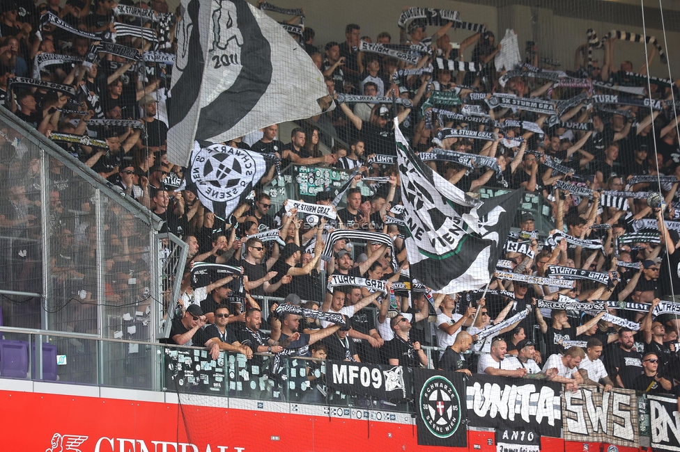 Austria Wien - Sturm Graz
Oesterreichische Fussball Bundesliga, 1. Runde, FK Austria Wien - SK Sturm Graz, Franz-Horr-Stadion Wien, 30.07.2023. 

Foto zeigt Fans von Sturm
