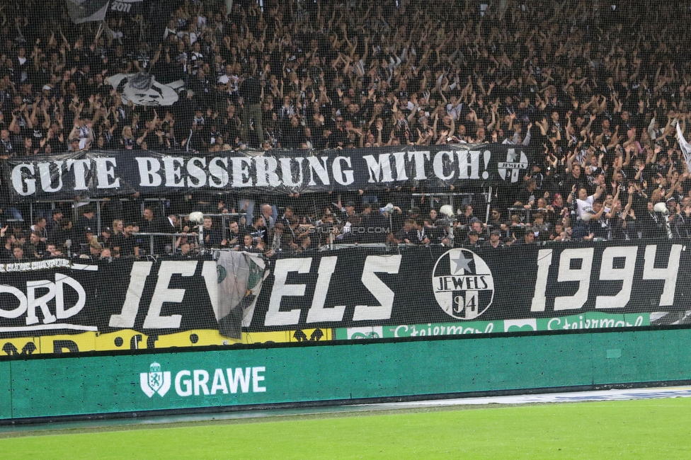 Sturm Graz - LASK
Oesterreichische Fussball Bundesliga, 2. Runde, SK Sturm Graz - LASK, Stadion Liebenau Graz, 05.05.2023. 

Foto zeigt Fans von Sturm mit einem Spruchband
Schlüsselwörter: jewels