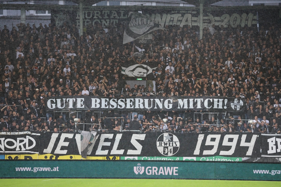 Sturm Graz - LASK
Oesterreichische Fussball Bundesliga, 2. Runde, SK Sturm Graz - LASK, Stadion Liebenau Graz, 05.05.2023. 

Foto zeigt Fans von Sturm mit einem Spruchband
Schlüsselwörter: jewels