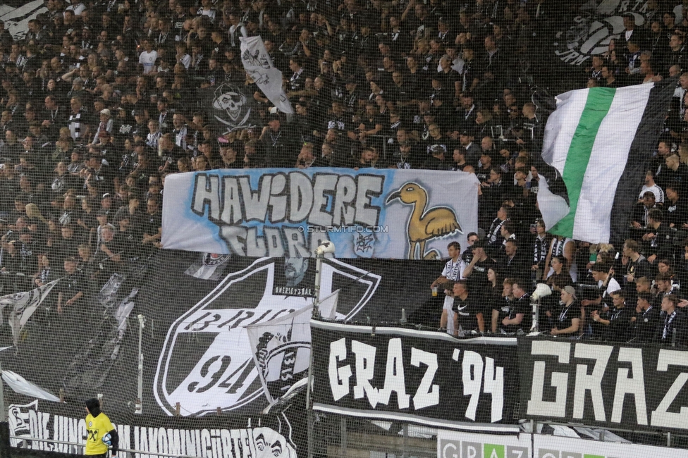 Sturm Graz - LASK
Oesterreichische Fussball Bundesliga, 2. Runde, SK Sturm Graz - LASK, Stadion Liebenau Graz, 05.05.2023. 

Foto zeigt Fans von Sturm mit einem Spruchband
Schlüsselwörter: brigata baby