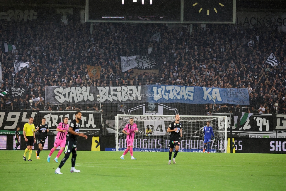 Sturm Graz - LASK
Oesterreichische Fussball Bundesliga, 2. Runde, SK Sturm Graz - LASK, Stadion Liebenau Graz, 05.05.2023. 

Foto zeigt Fans von Sturm mit einem Spruchband
Schlüsselwörter: brigata