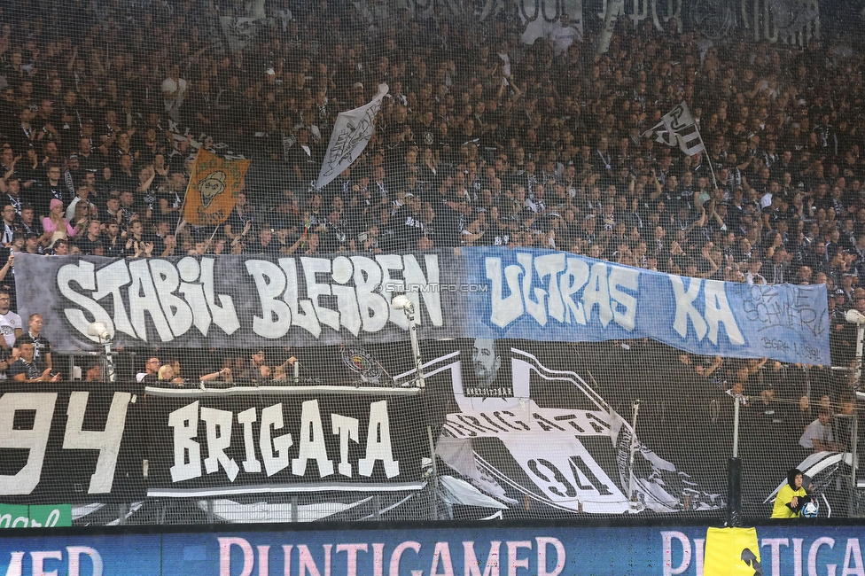 Sturm Graz - LASK
Oesterreichische Fussball Bundesliga, 2. Runde, SK Sturm Graz - LASK, Stadion Liebenau Graz, 05.08.2023. 

Foto zeigt Fans von Sturm mit einem Spruchband
Schlüsselwörter: brigata