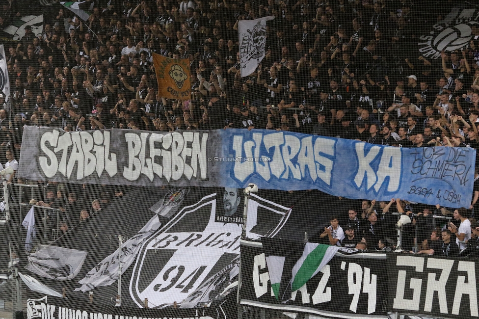 Sturm Graz - LASK
Oesterreichische Fussball Bundesliga, 2. Runde, SK Sturm Graz - LASK, Stadion Liebenau Graz, 05.08.2023. 

Foto zeigt Fans von Sturm mit einem Spruchband
Schlüsselwörter: brigata