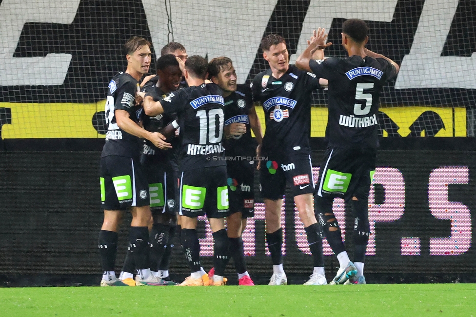 Sturm Graz - LASK
Oesterreichische Fussball Bundesliga, 2. Runde, SK Sturm Graz - LASK, Stadion Liebenau Graz, 05.05.2023. 

Foto zeigt Szymon Wloddarczyk (Sturm), Otar Kiteishvili (Sturm), David Schnegg (Sturm) und Gregory Wuethrich (Sturm)
Schlüsselwörter: torjubel