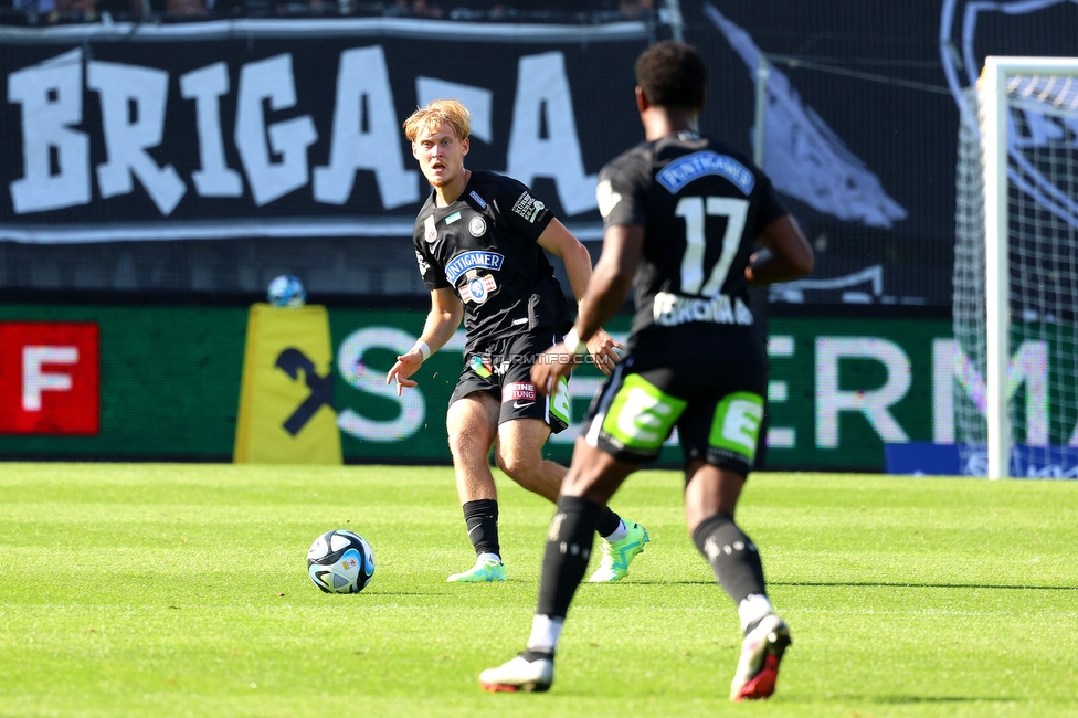 Sturm Graz - Austria Klagenfurt
Oesterreichische Fussball Bundesliga, 3. Runde, SK Sturm Graz - SK Austria Klagenfurt, Stadion Liebenau Graz, 12.08.2023. 

Foto zeigt Niklas Geyrhofer (Sturm) und Bryan Silva Teixeira Jr. (Sturm)
