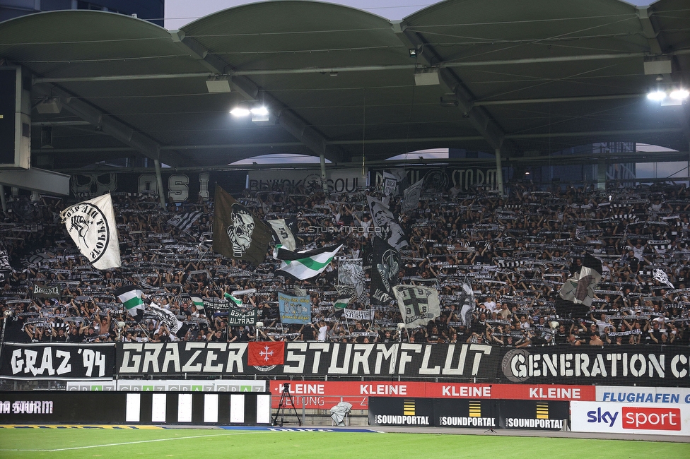 Sturm Graz - PSV Eindhoven
UEFA Champions League Qualifikation 3. Runde, SK Sturm Graz - PSV Eindhoven, Stadion Liebenau Graz, 15.08.2023. 

Foto zeigt Fans von Sturm
Schlüsselwörter: schals sturmflut