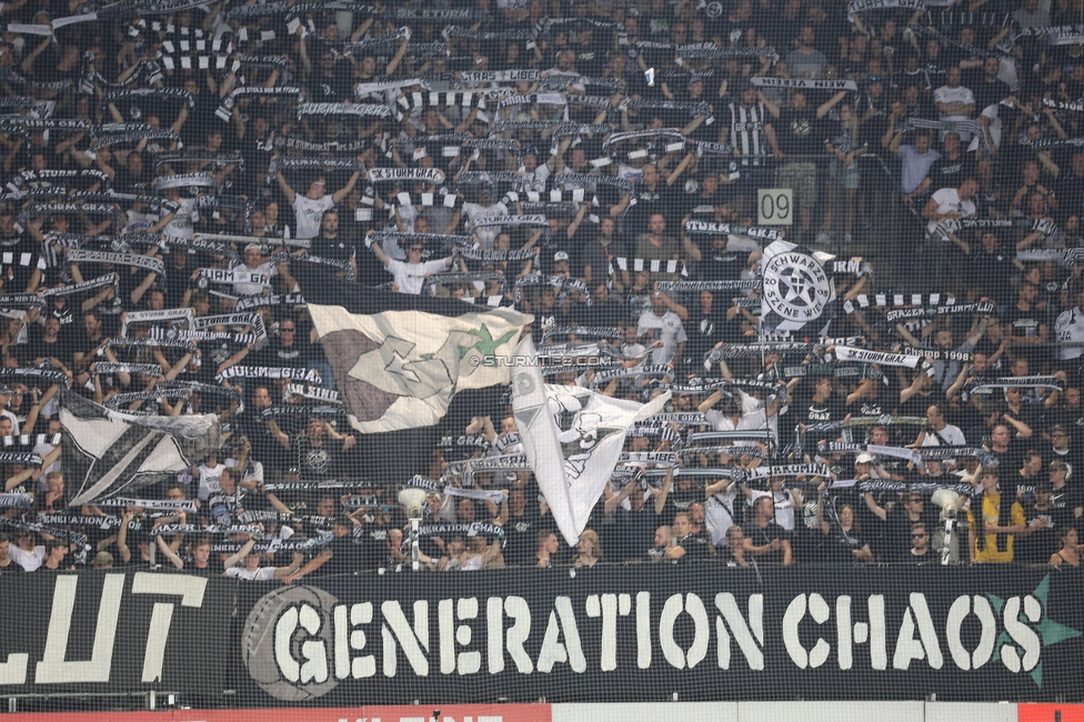 Sturm Graz - PSV Eindhoven
UEFA Champions League Qualifikation 3. Runde, SK Sturm Graz - PSV Eindhoven, Stadion Liebenau Graz, 15.08.2023. 

Foto zeigt Fans von Sturm
Schlüsselwörter: schals generationchaos