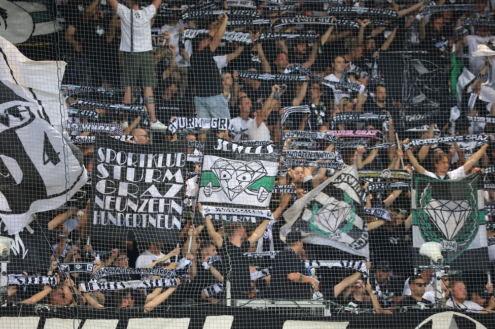 Sturm - PSV
UEFA Champions League Qualifikation 3. Runde, SK Sturm Graz - PSV Eindhoven, Stadion Liebenau Graz, 15.08.2023. 

Foto zeigt Fans von Sturm
