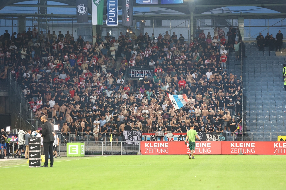 Sturm - PSV
UEFA Champions League Qualifikation 3. Runde, SK Sturm Graz - PSV Eindhoven, Stadion Liebenau Graz, 15.08.2023. 

Foto zeigt Fans von PSV
