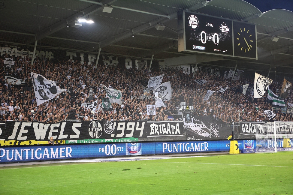 Sturm - PSV
UEFA Champions League Qualifikation 3. Runde, SK Sturm Graz - PSV Eindhoven, Stadion Liebenau Graz, 15.08.2023. 

Foto zeigt Fans von Sturm
