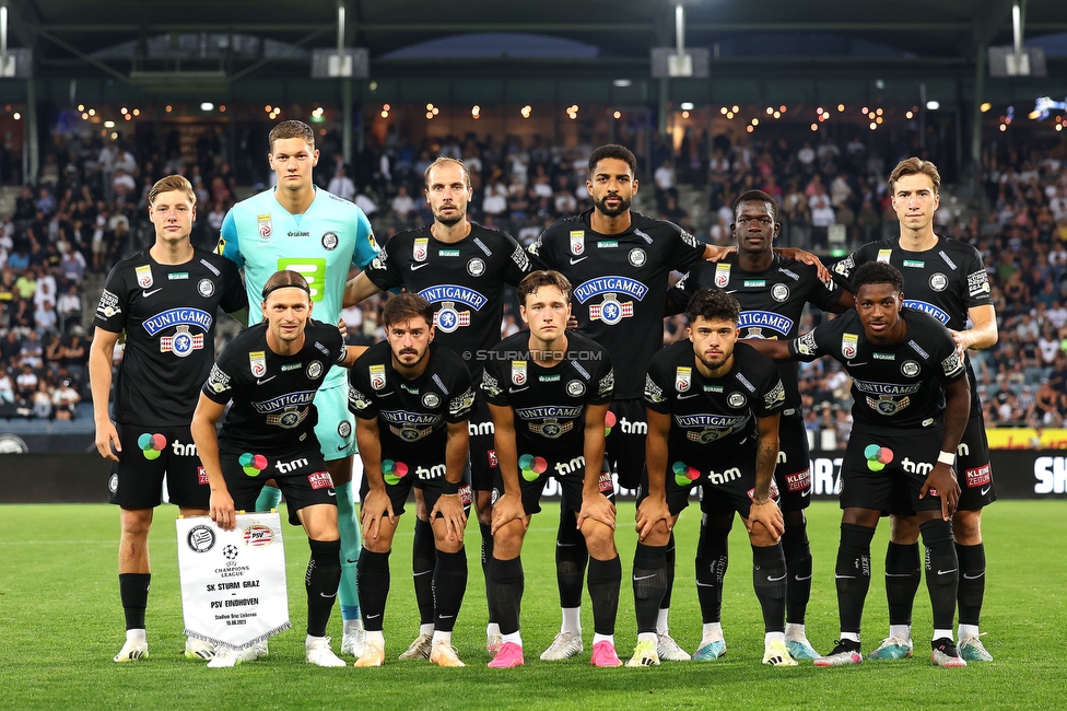 Sturm Graz - PSV Eindhoven
UEFA Champions League Qualifikation 3. Runde, SK Sturm Graz - PSV Eindhoven, Stadion Liebenau Graz, 15.08.2023. 

Foto zeigt die Mannschaft von Sturm
