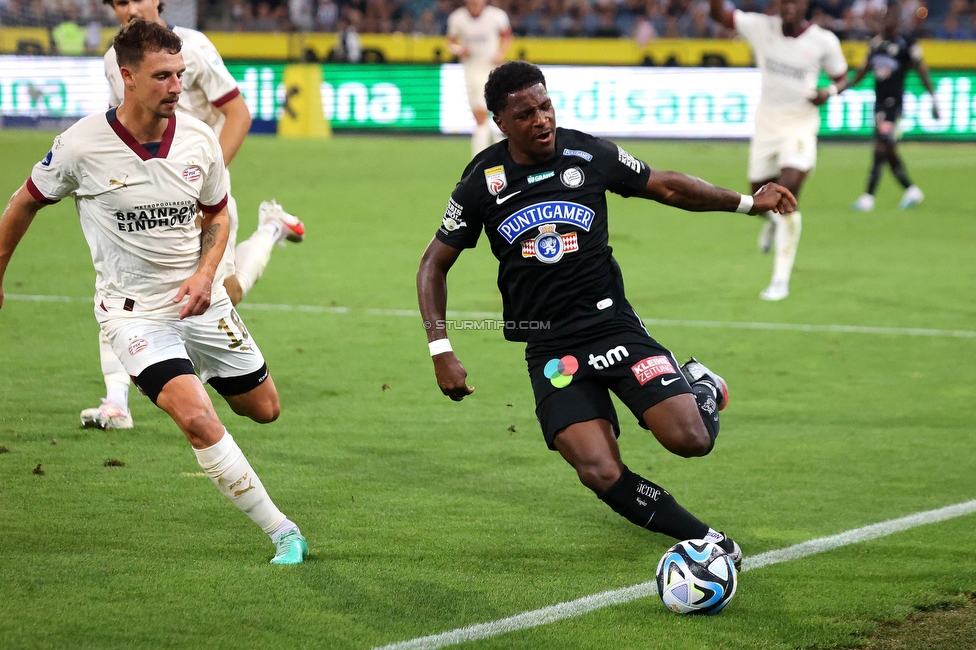 Sturm - PSV
UEFA Champions League Qualifikation 3. Runde, SK Sturm Graz - PSV Eindhoven, Stadion Liebenau Graz, 15.08.2023. 

Foto zeigt Bryan Silva Teixeira Jr. (Sturm)
