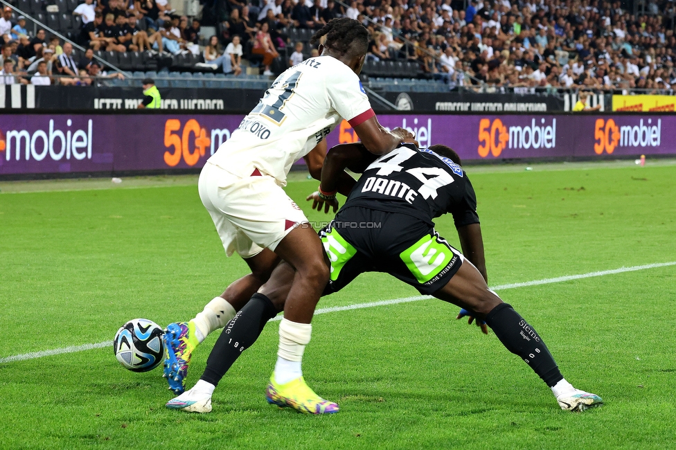 Sturm Graz - PSV Eindhoven
UEFA Champions League Qualifikation 3. Runde, SK Sturm Graz - PSV Eindhoven, Stadion Liebenau Graz, 15.08.2023. 

Foto zeigt Amadou Dante (Sturm)
