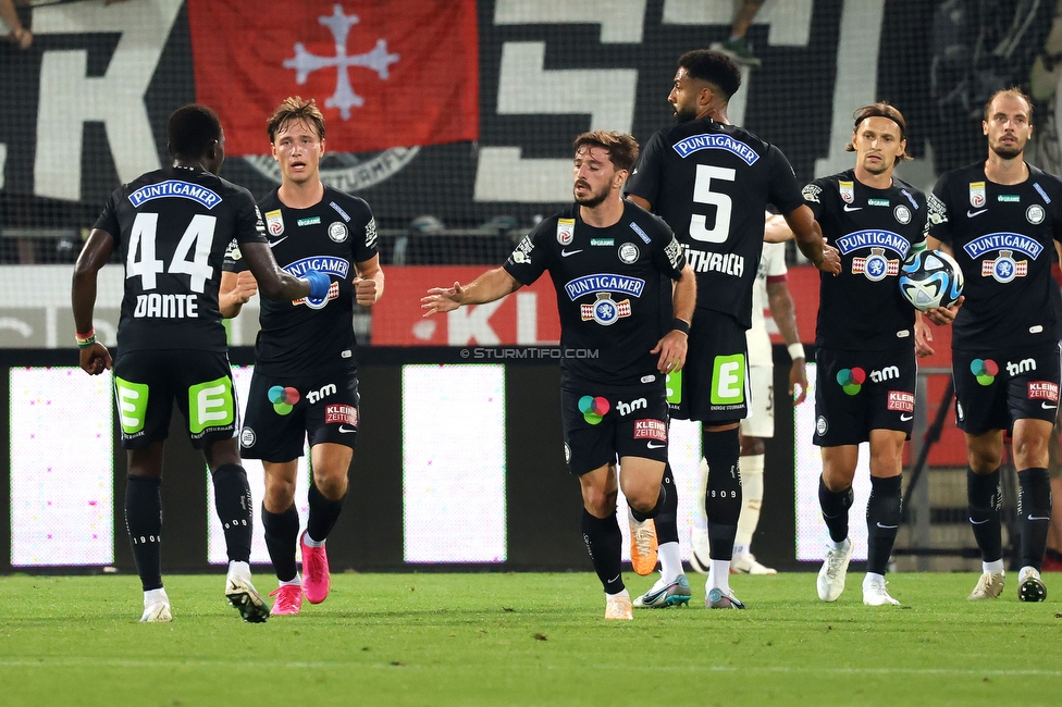 Sturm Graz - PSV Eindhoven
UEFA Champions League Qualifikation 3. Runde, SK Sturm Graz - PSV Eindhoven, Stadion Liebenau Graz, 15.08.2023. 

Foto zeigt William Boeving (Sturm)
Schlüsselwörter: torjubel