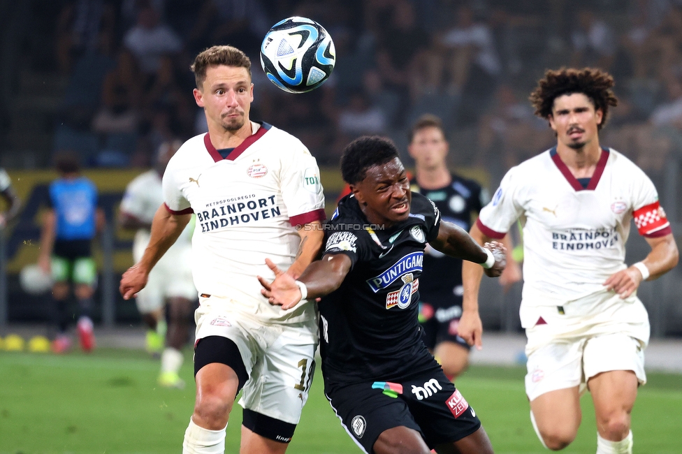 Sturm Graz - PSV Eindhoven
UEFA Champions League Qualifikation 3. Runde, SK Sturm Graz - PSV Eindhoven, Stadion Liebenau Graz, 15.08.2023. 

Foto zeigt Bryan Silva Teixeira Jr. (Sturm)
