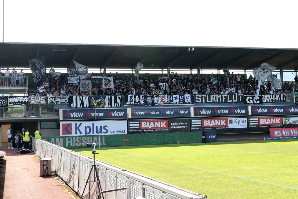 Austria Lustenau - Sturm Graz
Oesterreichische Fussball Bundesliga, 3. Runde, SC Austria Lustenau - SK Sturm Graz, Reichshofstadion Lustenau, 19.08.2023. 

Foto zeigt Fans von Sturm
