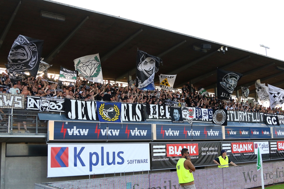 Austria Lustenau - Sturm Graz
Oesterreichische Fussball Bundesliga, 3. Runde, SC Austria Lustenau - SK Sturm Graz, Reichshofstadion Lustenau, 19.08.2023. 

Foto zeigt Fans von Sturm
