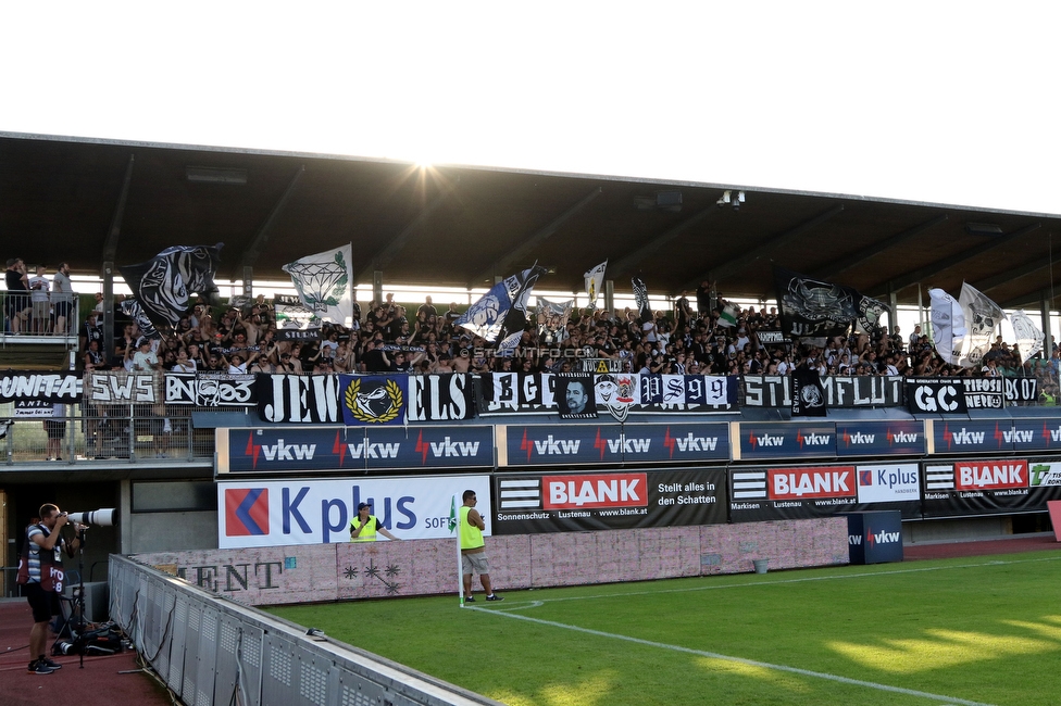 Austria Lustenau - Sturm Graz
Oesterreichische Fussball Bundesliga, 3. Runde, SC Austria Lustenau - SK Sturm Graz, Reichshofstadion Lustenau, 19.08.2023. 

Foto zeigt Fans von Sturm
