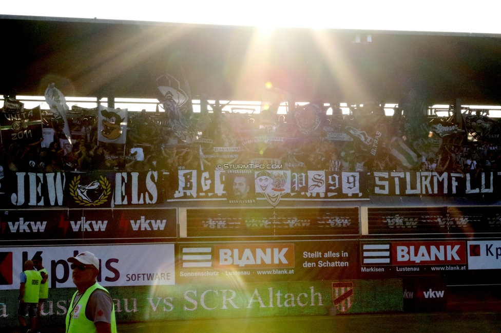 Austria Lustenau - Sturm Graz
Oesterreichische Fussball Bundesliga, 3. Runde, SC Austria Lustenau - SK Sturm Graz, Reichshofstadion Lustenau, 19.08.2023. 

Foto zeigt Fans von Sturm
