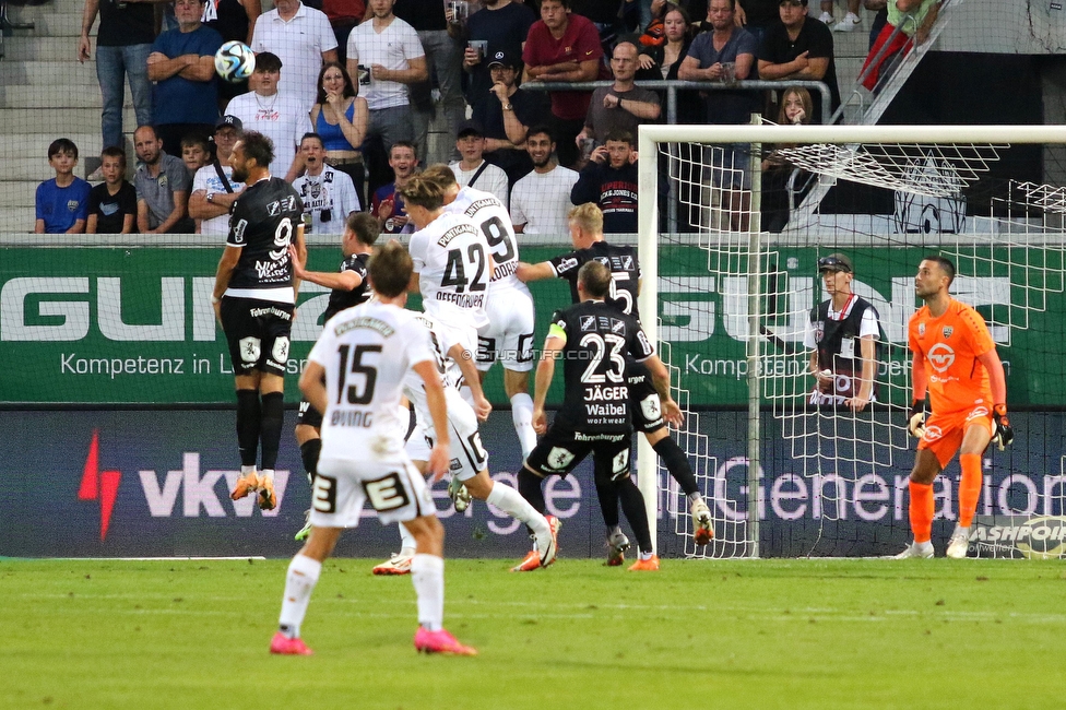 Altach - Sturm Graz
Oesterreichische Fussball Bundesliga, 6. Runde, SCR Altach - SK Sturm Graz, Stadion Schnabelholz Altach, 02.09.2023. 

Foto zeigt David Affengruber (Sturm) und Szymon Wloddarczyk (Sturm)
