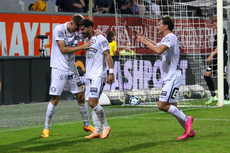 Altach - Sturm Graz
Oesterreichische Fussball Bundesliga, 6. Runde, SCR Altach - SK Sturm Graz, Stadion Schnabelholz Altach, 02.09.2023. 

Foto zeigt Szymon Wloddarczyk (Sturm), Otar Kiteishvili (Sturm) und William Boeving (Sturm)
Schlüsselwörter: torjubel