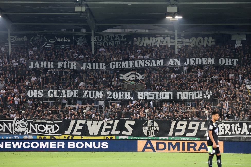 Sturm Graz - RB Salzburg
Oesterreichische Fussball Bundesliga, 7. Runde, SK Sturm Graz - FC RB Salzburg,  Stadion Liebenau Graz, 16.09.2023. 

Foto zeigt Fans von Sturm mit einem Spruchband
Schlüsselwörter: jewels bastion