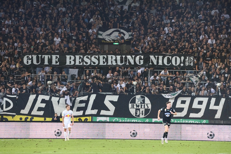 Sturm Graz - RB Salzburg
Oesterreichische Fussball Bundesliga, 7. Runde, SK Sturm Graz - FC RB Salzburg,  Stadion Liebenau Graz, 16.09.2023. 

Foto zeigt Fans von Sturm mit einem Spruchband
Schlüsselwörter: jewels