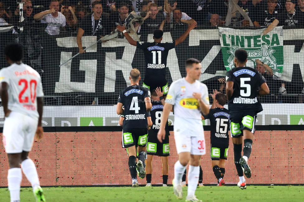 Sturm Graz - RB Salzburg
Oesterreichische Fussball Bundesliga, 7. Runde, SK Sturm Graz - FC RB Salzburg,  Stadion Liebenau Graz, 16.09.2023. 

Foto zeigt Manprit Sarkaria (Sturm) und die Mannschaft von Sturm
Schlüsselwörter: torjubel