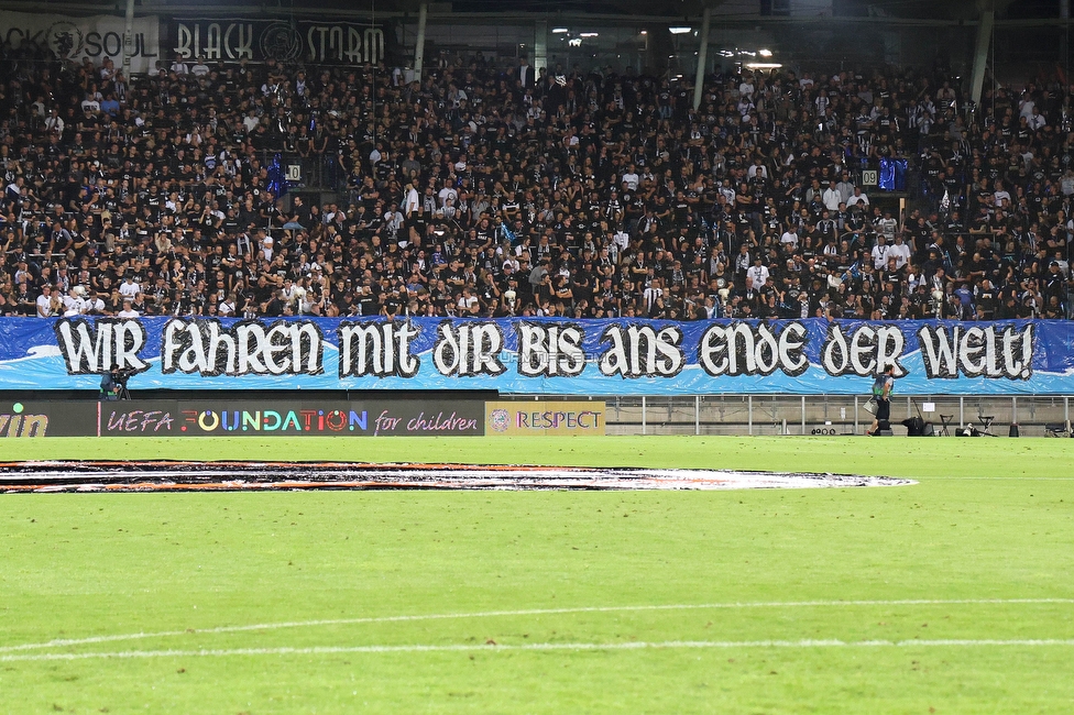 Sturm Graz - Sporting
UEFA Europa League Gruppenphase 1. Spieltag, SK Sturm Graz - Sporting Lissabon, Stadion Liebenau Graz, 21.09.2023. 

Foto zeigt Fans von Sturm mit einer Choreografie
