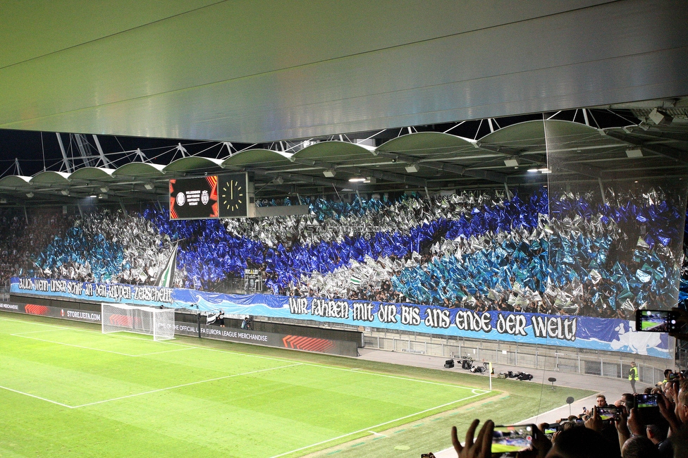 Sturm Graz - Sporting
UEFA Europa League Gruppenphase 1. Spieltag, SK Sturm Graz - Sporting Lissabon, Stadion Liebenau Graz, 21.09.2023. 

Foto zeigt Fans von Sturm mit einer Choreografie
