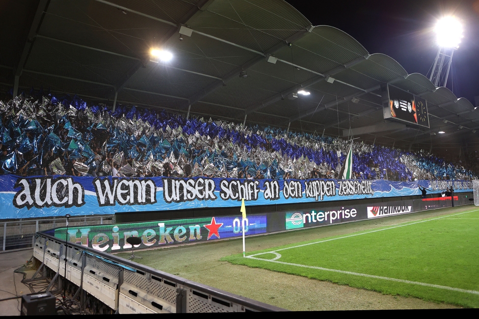 Sturm Graz - Sporting
UEFA Europa League Gruppenphase 1. Spieltag, SK Sturm Graz - Sporting Lissabon, Stadion Liebenau Graz, 21.09.2023. 

Foto zeigt Fans von Sturm mit einer Choreografie
