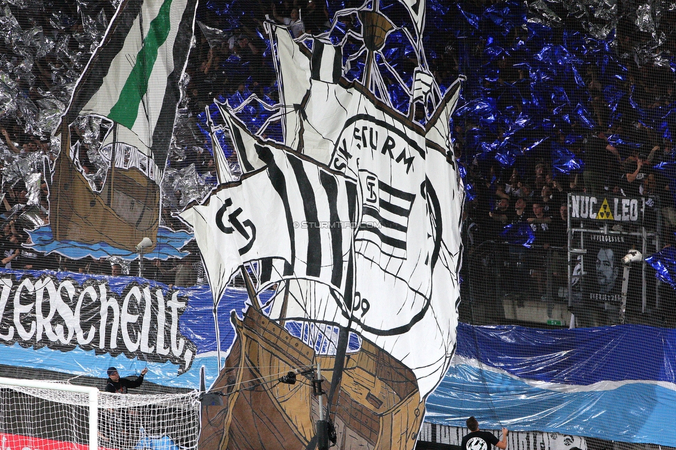 Sturm Graz - Sporting
UEFA Europa League Gruppenphase 1. Spieltag, SK Sturm Graz - Sporting Lissabon, Stadion Liebenau Graz, 21.09.2023. 

Foto zeigt Fans von Sturm mit einer Choreografie
