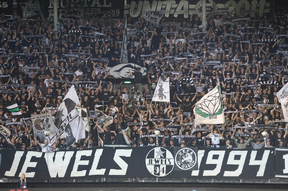 Sturm Graz - Sporting
UEFA Europa League Gruppenphase 1. Spieltag, SK Sturm Graz - Sporting Lissabon, Stadion Liebenau Graz, 21.09.2023. 

Foto zeigt Fans von Sturm
Schlüsselwörter: schals jewels