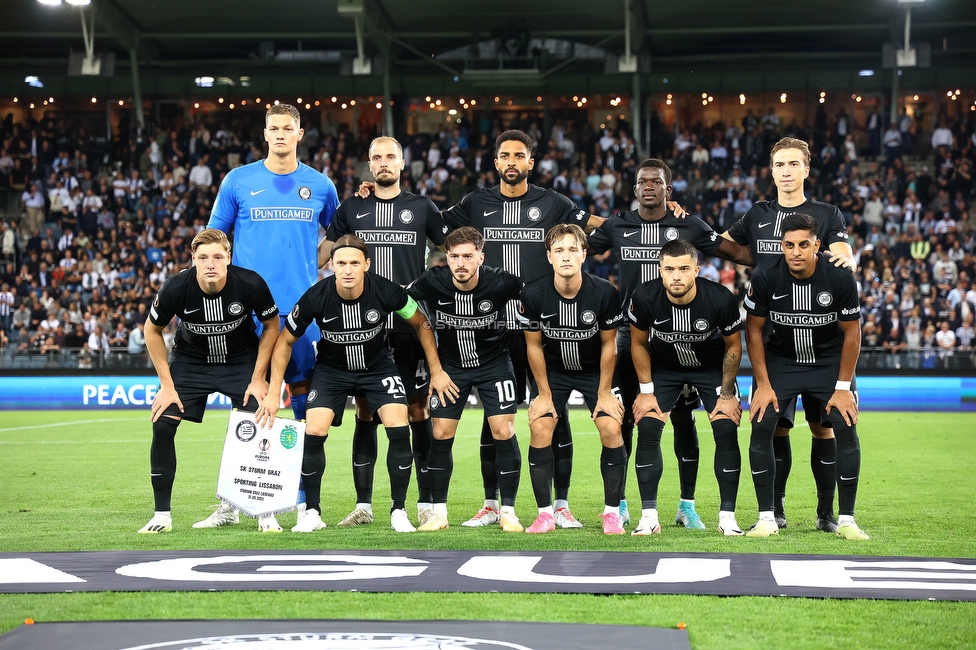 Sturm Graz - Sporting
UEFA Europa League Gruppenphase 1. Spieltag, SK Sturm Graz - Sporting Lissabon, Stadion Liebenau Graz, 21.09.2023. 

Foto zeigt die Mannschaft von Sturm
