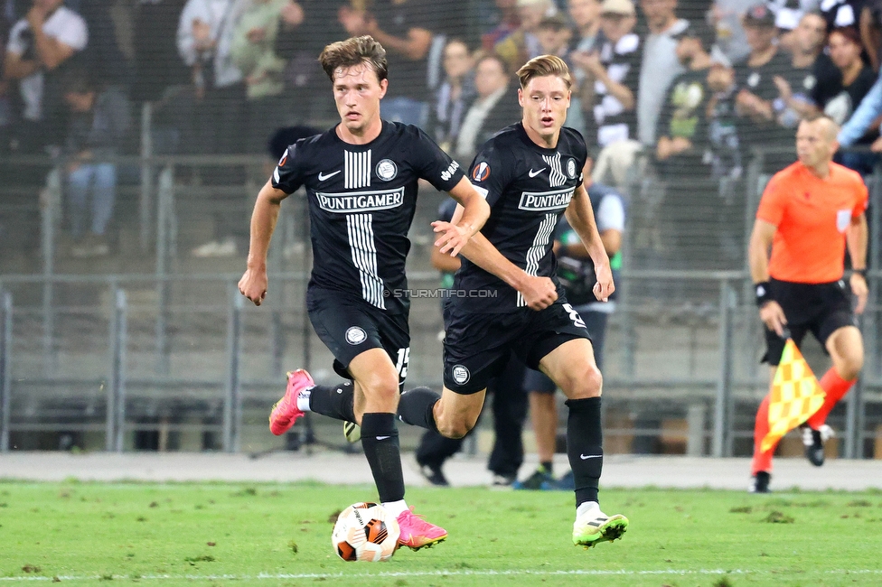 Sturm Graz - Sporting
UEFA Europa League Gruppenphase 1. Spieltag, SK Sturm Graz - Sporting Lissabon, Stadion Liebenau Graz, 21.09.2023. 

Foto zeigt William Boeving (Sturm) und Alexander Prass (Sturm)
