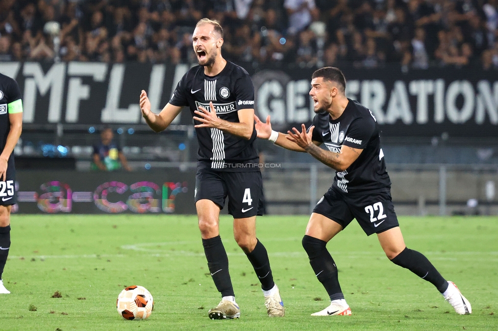 Sturm Graz - Sporting
UEFA Europa League Gruppenphase 1. Spieltag, SK Sturm Graz - Sporting Lissabon, Stadion Liebenau Graz, 21.09.2023. 

Foto zeigt Jon Gorenc-Stankovic (Sturm) und Jusuf Gazibegovic (Sturm)
