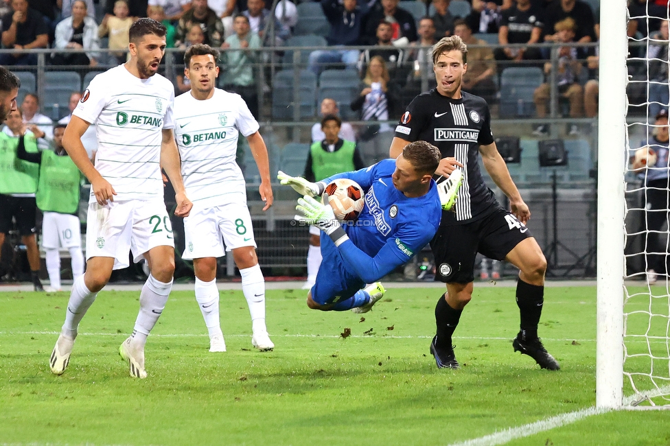 Sturm Graz - Sporting
UEFA Europa League Gruppenphase 1. Spieltag, SK Sturm Graz - Sporting Lissabon, Stadion Liebenau Graz, 21.09.2023. 

Foto zeigt Kjell Scherpen (Sturm) und David Affengruber (Sturm)
