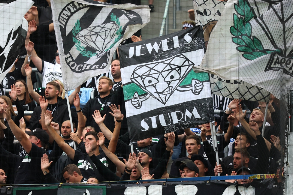 Rapid Wien - Sturm Graz
Oesterreichische Fussball Bundesliga, 8. Runde, SK Rapid Wien - SK Sturm Graz, Weststadion Wien, 24.09.2023. 

Foto zeigt Fans von Sturm
