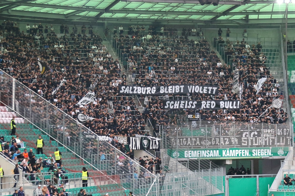 Rapid Wien - Sturm Graz
Oesterreichische Fussball Bundesliga, 8. Runde, SK Rapid Wien - SK Sturm Graz, Weststadion Wien, 24.09.2023. 

Foto zeigt Fans von Sturm mit einem Spruchband
