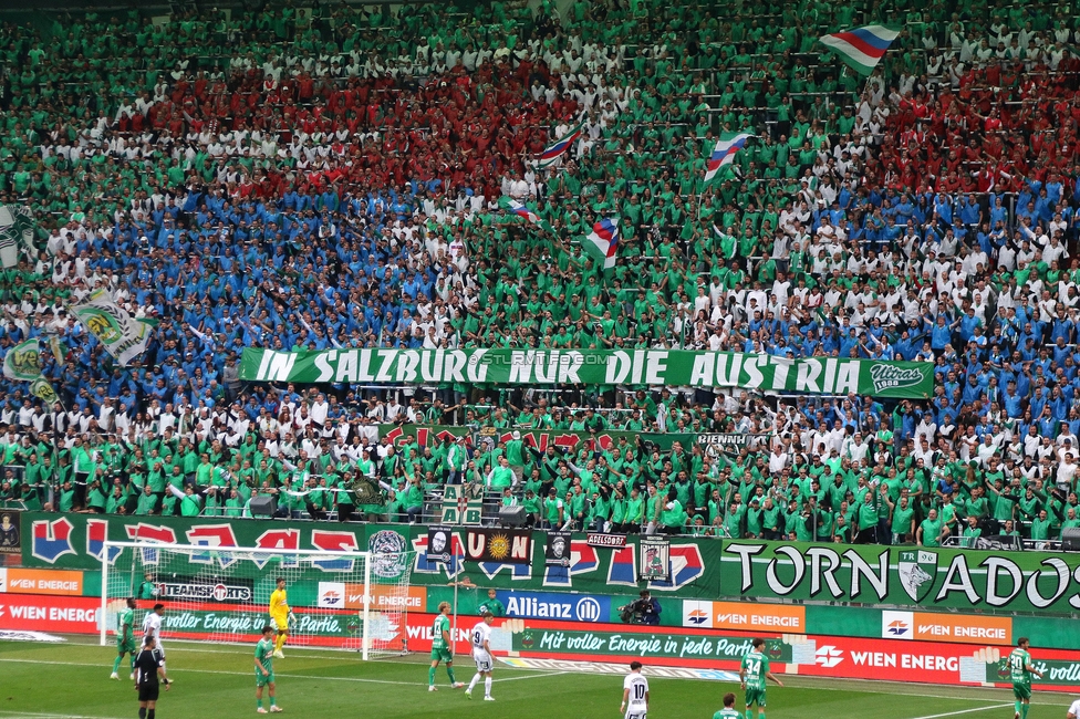 Rapid Wien - Sturm Graz
Oesterreichische Fussball Bundesliga, 8. Runde, SK Rapid Wien - SK Sturm Graz, Weststadion Wien, 24.09.2023. 

Foto zeigt Fans von Rapid mit einer Choreografie und mit einem Spruchband
