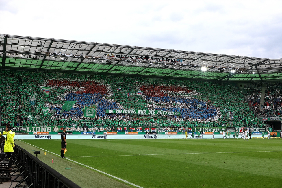 Rapid Wien - Sturm Graz
Oesterreichische Fussball Bundesliga, 8. Runde, SK Rapid Wien - SK Sturm Graz, Weststadion Wien, 24.09.2023. 

Foto zeigt Fans von Rapid mit einer Choreografie und mit einem Spruchband
