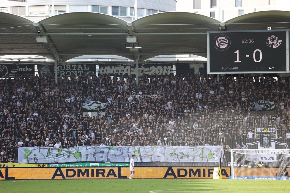 Sturm Graz - Wattens
Oesterreichische Fussball Bundesliga, 9. Runde, SK Sturm Graz - WSG Tirol, Stadion Liebenau Graz, 01.10.2023. 

Foto zeigt Fans von Sturm mit einem Spruchband
