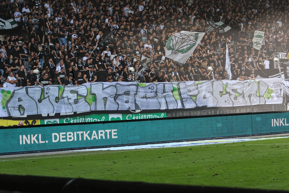 Sturm Graz - Wattens
Oesterreichische Fussball Bundesliga, 9. Runde, SK Sturm Graz - WSG Tirol, Stadion Liebenau Graz, 01.10.2023. 

Foto zeigt Fans von Sturm mit einem Spruchband
