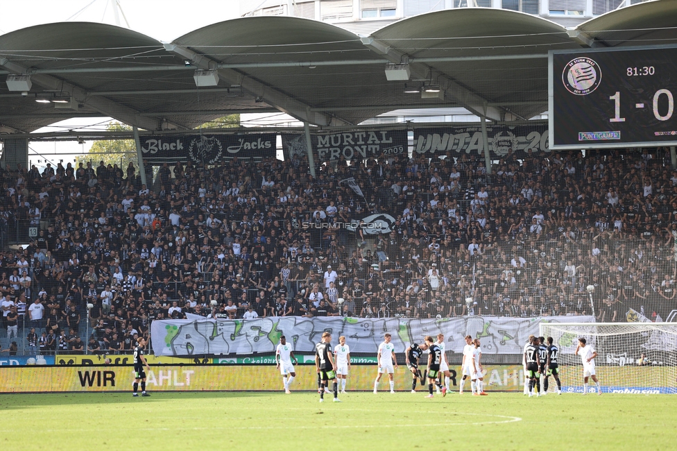 Sturm Graz - Wattens
Oesterreichische Fussball Bundesliga, 9. Runde, SK Sturm Graz - WSG Tirol, Stadion Liebenau Graz, 01.10.2023. 

Foto zeigt Fans von Sturm mit einem Spruchband
