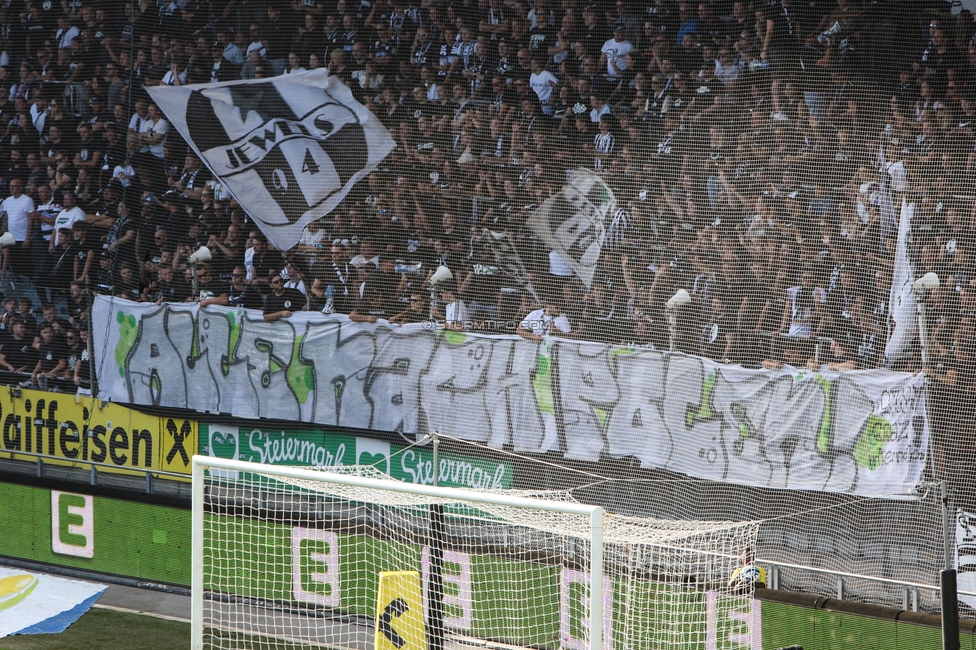 Sturm Graz - Wattens
Oesterreichische Fussball Bundesliga, 9. Runde, SK Sturm Graz - WSG Tirol, Stadion Liebenau Graz, 01.10.2023. 

Foto zeigt Fans von Sturm mit einem Spruchband
